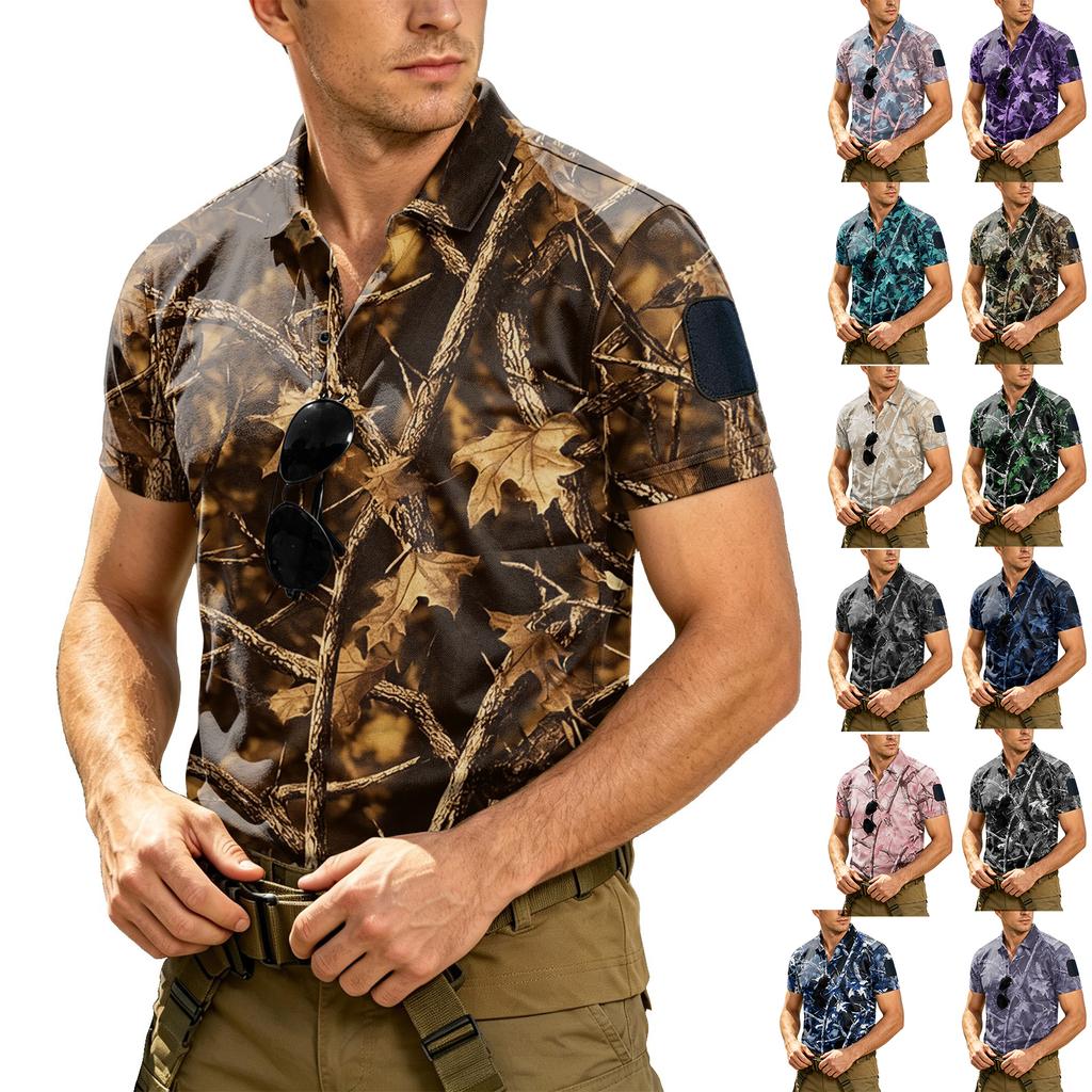 Men's Tactical Short Sleeve Polo Shirt Loose Fit Breathable Outdoor Quick Dry Camouflage Print with Magic Tape Patch Area