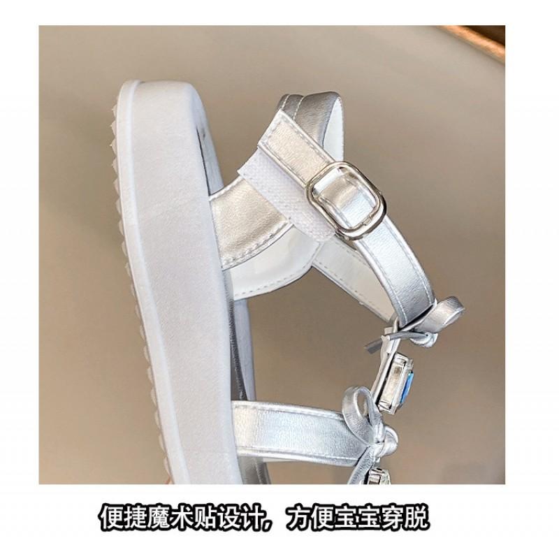 Girls Sandals With Rhinestone Bow Flat Beach Shoes Kids 7-12 Years White Synthetic Leather Rubber Sole