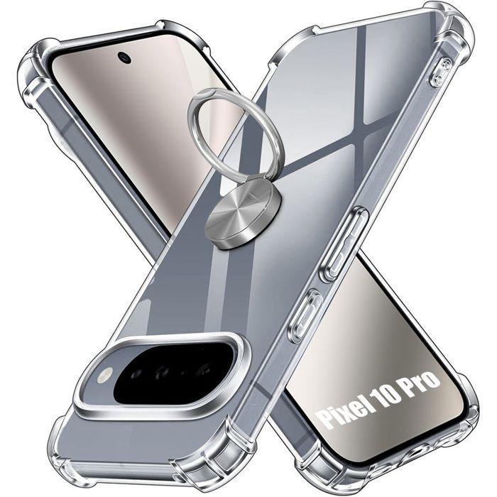 Coque pour Google Pixel 10 Pro, Protection Silicone avec Anneau Rotatif Argenté