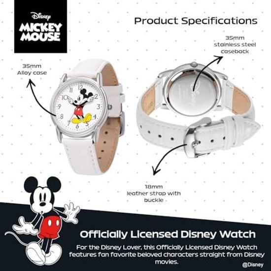 Disney Микки Маус Взрослые Классические Кардифф Сочлененная Рука Аналоговые Кварцевые Часы на Кожаном Ремешке Белый 2 - Серебристый Корпус/Белый