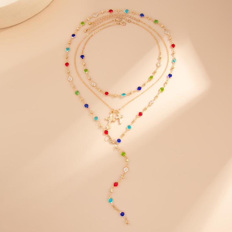 Fashionable Light Luxury Jesus Cross Pendant Necklace Set For Women Trendy Colorful Crystal Chain Choker Christian Jewelry Gift