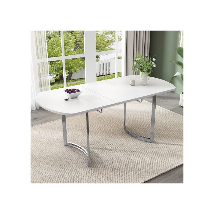 Table de salle à manger extensible - MUVOE - 140/180 x 80 cm - Blanc - Pieds métal argenté - Capacité 60 kg