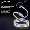 6A 180 Rotate RGB Flow Luminous USB Charging Cable Type C Android Phone Cable For Samsung S10 S20 Xiaomi Mi 11 Data Charger Wire