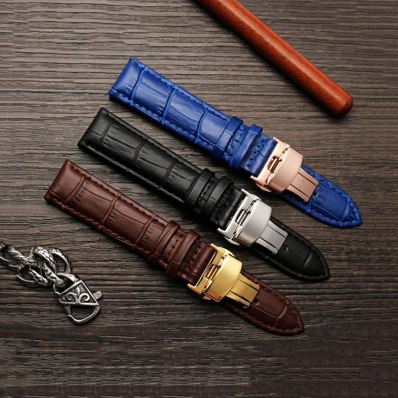 Watchband Blue Black Cowhide Leather Strap Butterfly Buckle Fits All Brands Of Watches Men Women 121415161819202223mm