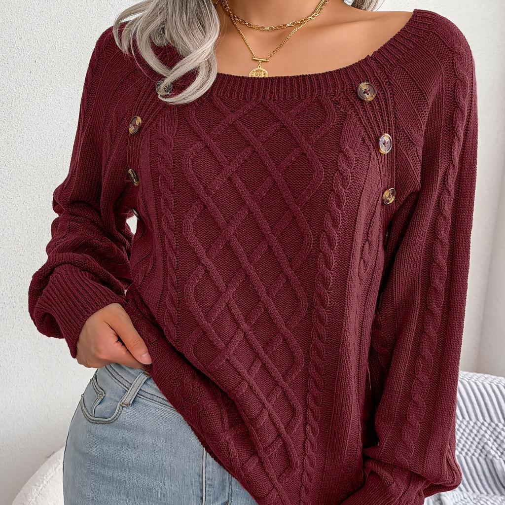 GMXIA Women's Fashion Rhombus Print Casual Autumn Winter Long Sleeve Square Collar Loose Nail Button Twist Knit Pullover Sweater