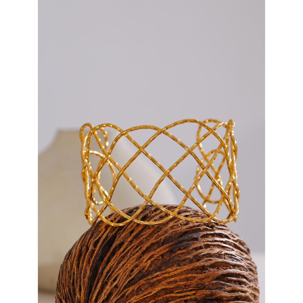 Yhpup Fashion Stainless Steel Braided Hollow Large Wide Cuff Bracelet Bangle PVD Gold Color Personalized Jewelry Accessories