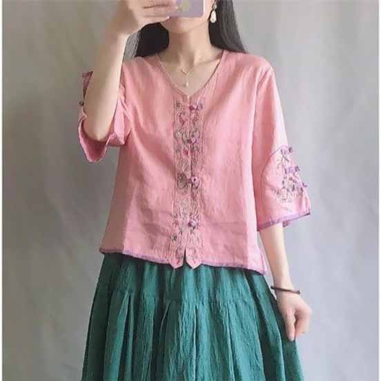 Summer Women's Clothing Shirts Blouse Blusa Mujer Vintage Casual Camisas Woman Blouses Cotton Linen V-Neck Embroidery