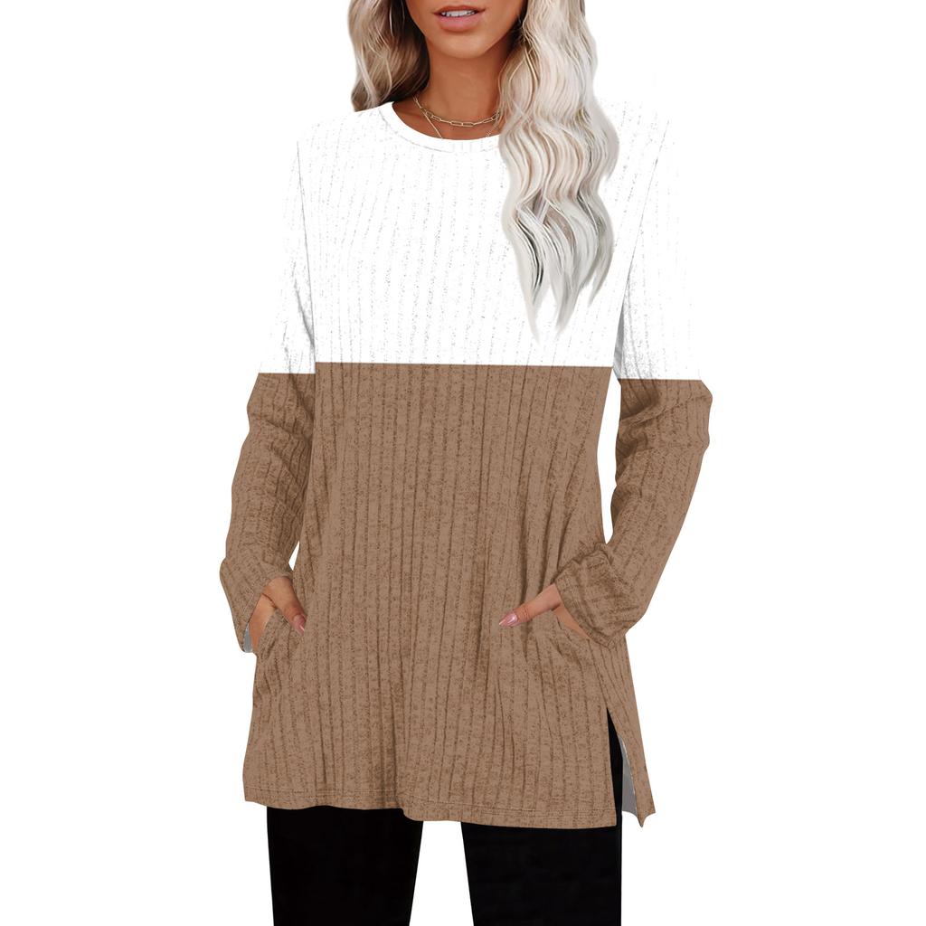 Женские свитера с круглым вырезом, рубашки с длинным рукавом и карманами, осенние наряды, модная зимняя одежда, боковой разрез