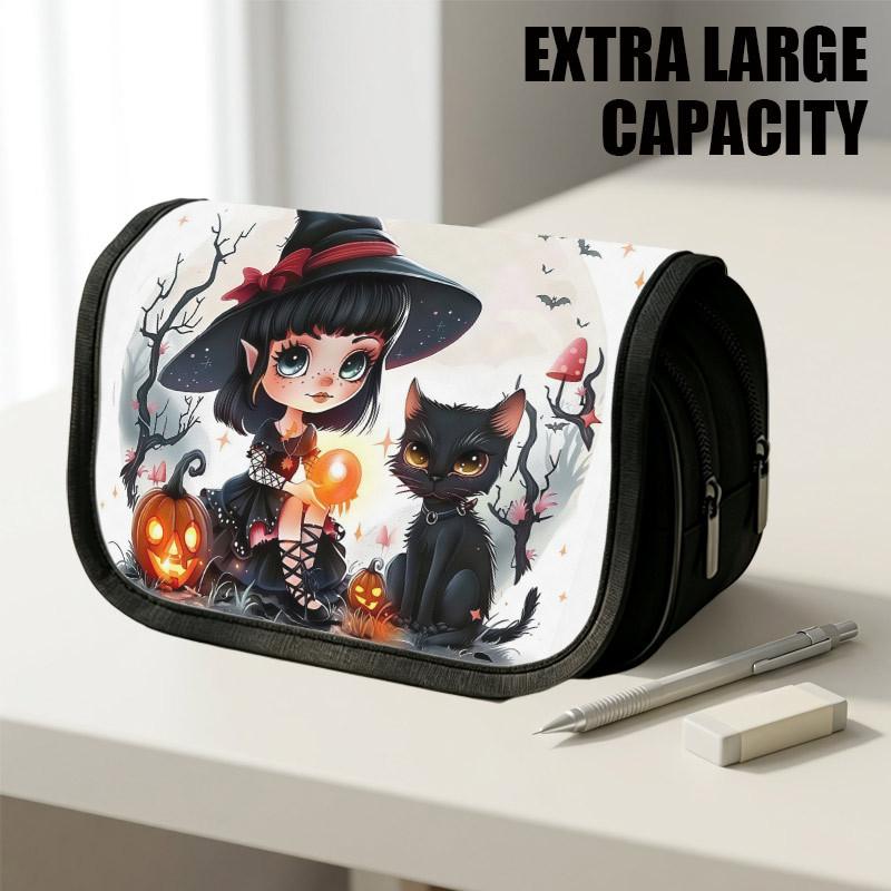 1pc Portable Flip-Top Halloween Themed Pencil Case with Double-Layer Zipper, Cute Witch Cat Pumpkin Orange Design, Large Capacity Thickened Oxford Mul