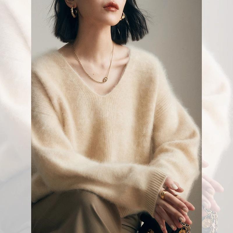 Осень Зима V-образный вырез Однотонный Базовый Вязаный Топ Женский Повседневный Модный Пуловер Свитер из Искусственного Меха Минки
