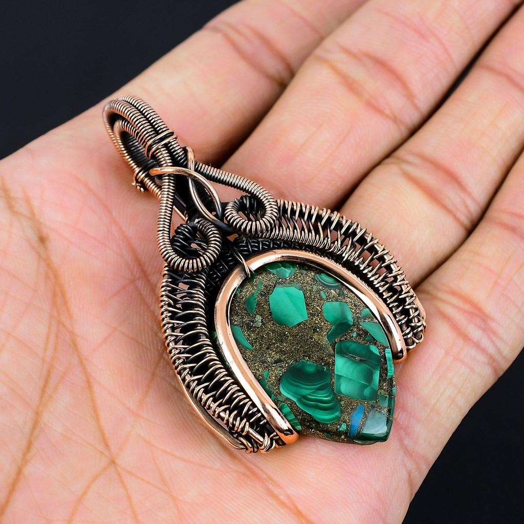 Уникальный медный малахитовый драгоценный камень, ювелирные изделия ручной работы, подвеска из чистой медной проволоки