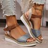 2025 Summer Fashion European and American Large Size One-word Buckle Rivet Muffin Straw Woven Thick-soled Wedge Heel Beach Sandals Women