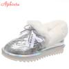 Fashion APHIXTA Plush Warm Silver Winter Snow Women Boots Shoes Platform Flat Heel Bling Crystals Bow Waterproof Fur Round Head Shoes