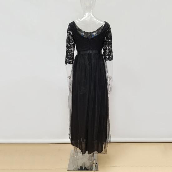 Women Prom Party Dress Round Neck Lace Flower Embroidery Half Sleeve Tight Waist Patchwork Floor Length Pleated Lady Fall Winter Maxi Evening Dress