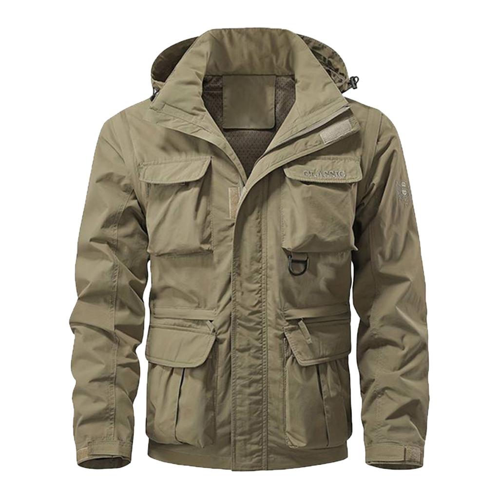 Men's Solid Color Detachable Outdoor Workwear Casual Loose Zipper Pocket Long Sleeve Jacket