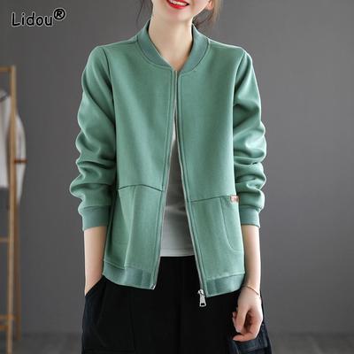 Молнии Карманы Круглый вырез Однотонные Куртки Осень Зима Нейтральный Офисный стиль Уличный Повседневный Сохраняет тепло Ветрозащитный Женская одежда2022