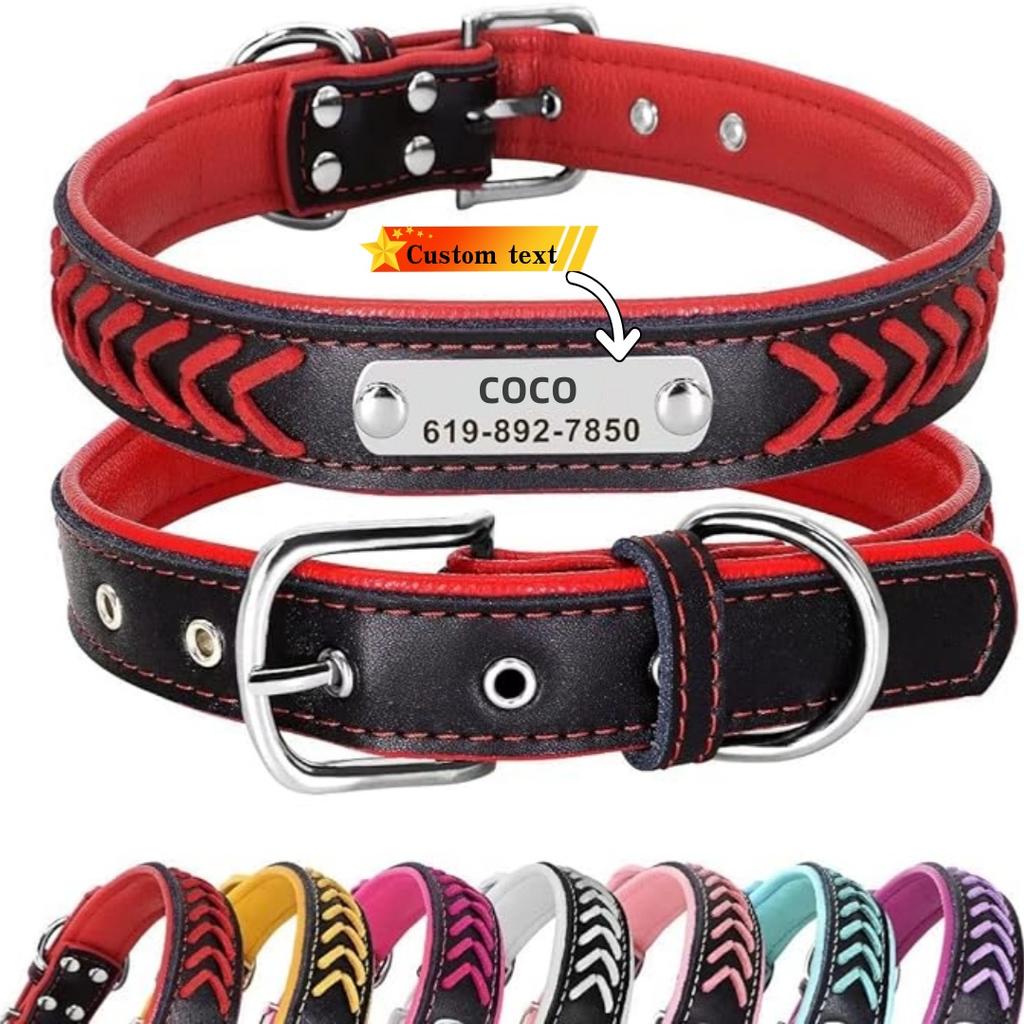 Customizable Weave Leather Dog Collar Personalized Dog Tag Engraved Puppy Nameplate Collar Adjustable For Small Medium Large Dog