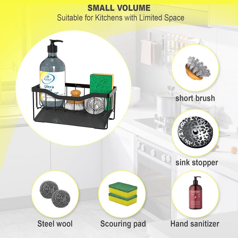 LMETJMA Kitchen Sink Caddy Organizer Sponge Holder with Stainless Steel Auto Drain Tray Soap Sponge Caddy Storage Rack JT313