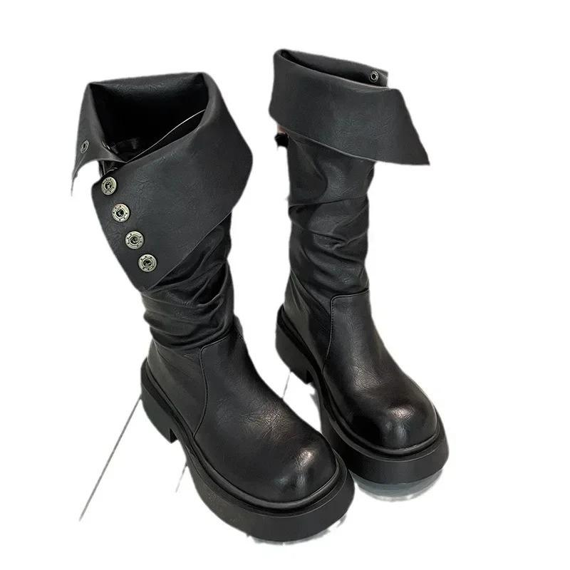 Новые женские плиссированные кожаные ботинки на платформе с высоким голенищем, удобные, нескользящие, с круглым носком, длинные, водонепроницаемые, модные ботинки для поездок на работу
