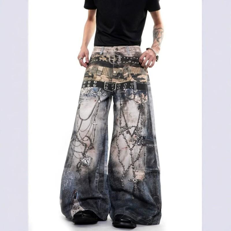 2026 Y2K Baggy Jeans Men Women - 3D Print Chain Distressed Wide Leg Denim Pants