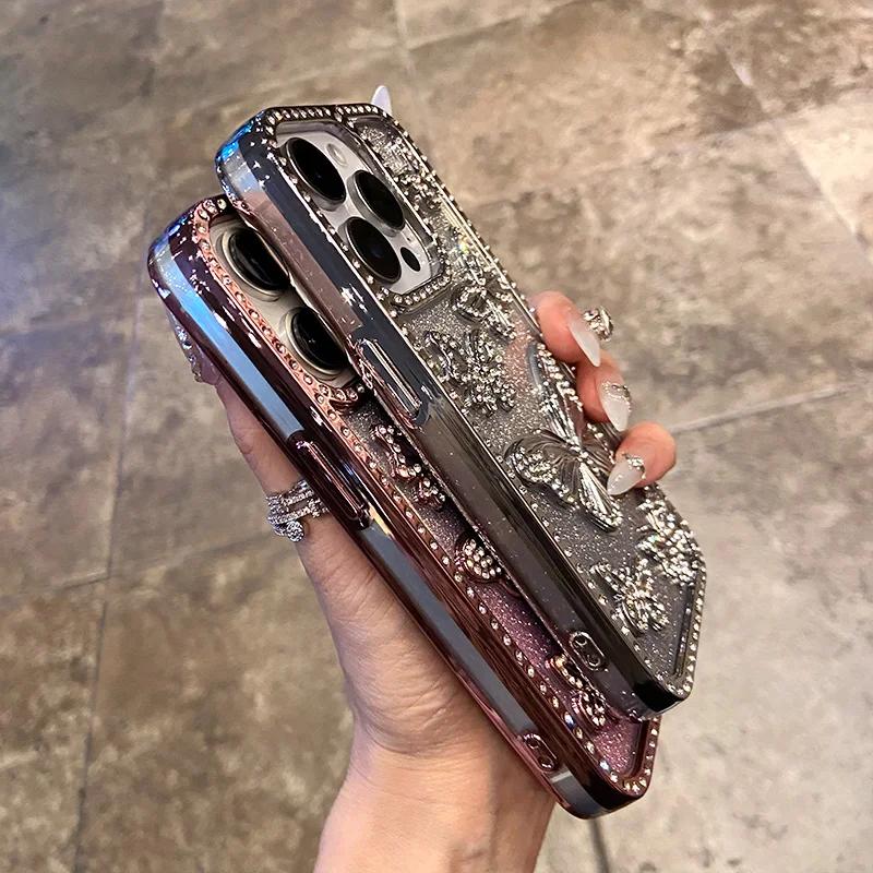 3D Модный Электроplated Бабочка Блеск Алмазный Чехол для Телефона для IPhone 17 16 Pro Max 15 14 13 12 11 Прозрачная Задняя Крышка