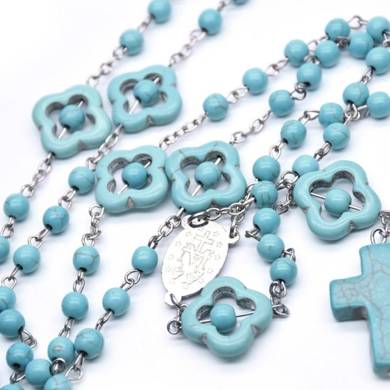 Синие бирюзовые бусины-четки, ожерелья с подвеской в ​​виде католического креста, ожерелья для женщин, ювелирные изделия, медитация, христианские религиозные религиозные