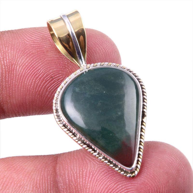 Natural Bloodstone Gemstone 925 Solid Sterling Silver TwoTone Pendant 1.25" W4p97