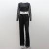 2Pcs/Set Women Party Outfit Set Cropped Tops O-neck Long Sleeve Tassel Sequin High Waist Wide Leg Long Pants Set