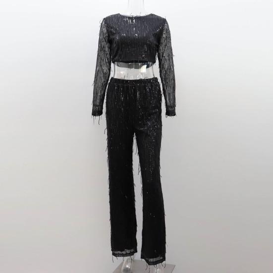 Женский праздничный комплект из 2 шт./компл., укороченный топ с круглым вырезом и длинными рукавами, с кисточками и блестками, высокая талия, широкие брюки, комплект