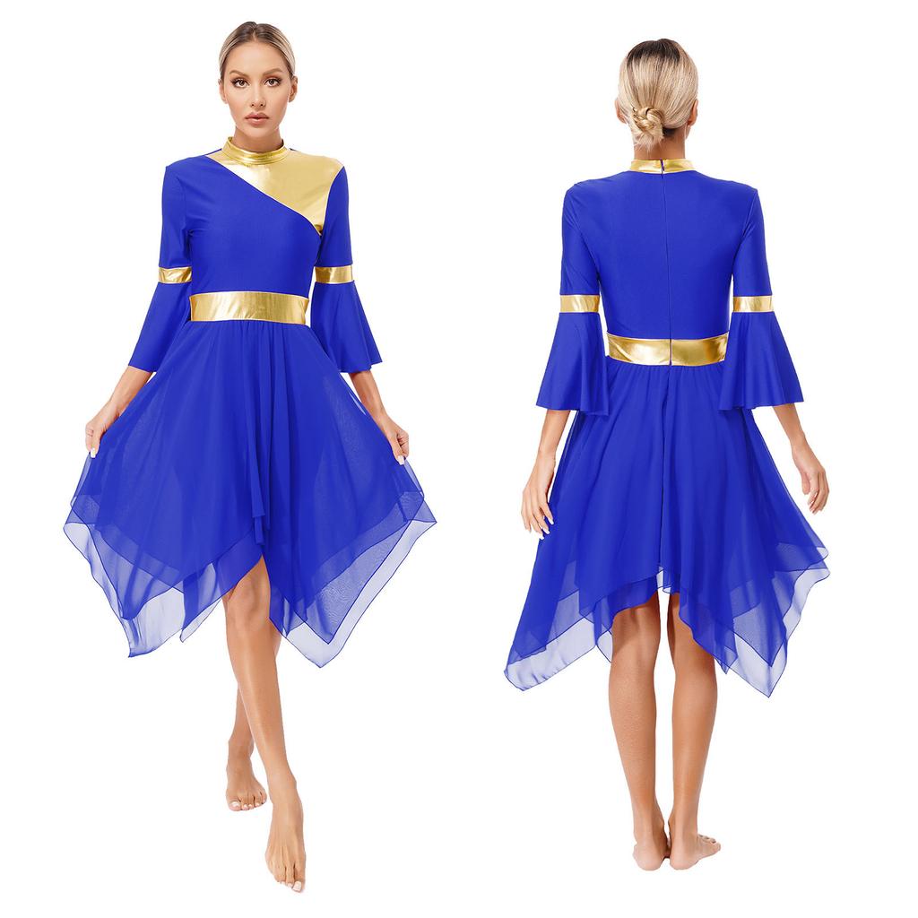 Женщины Девочки Расклешенный рукав 3/4 Металлическая танцевальная одежда для церковного богослужения Литургическая танцевальная одежда Туника Асимметричный подол Лирическое танцевальное платье Накладка