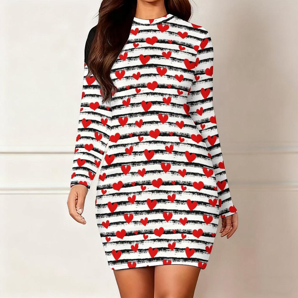 2025 Осень и Зима Новое 3D Принт с Любовным Узором и Окрашивание Женская Мода Платье с Длинным Рукавом и Круглым Вырезом, Облегающее Бедра Ограниченная Серия ко Дню Святого Валентина