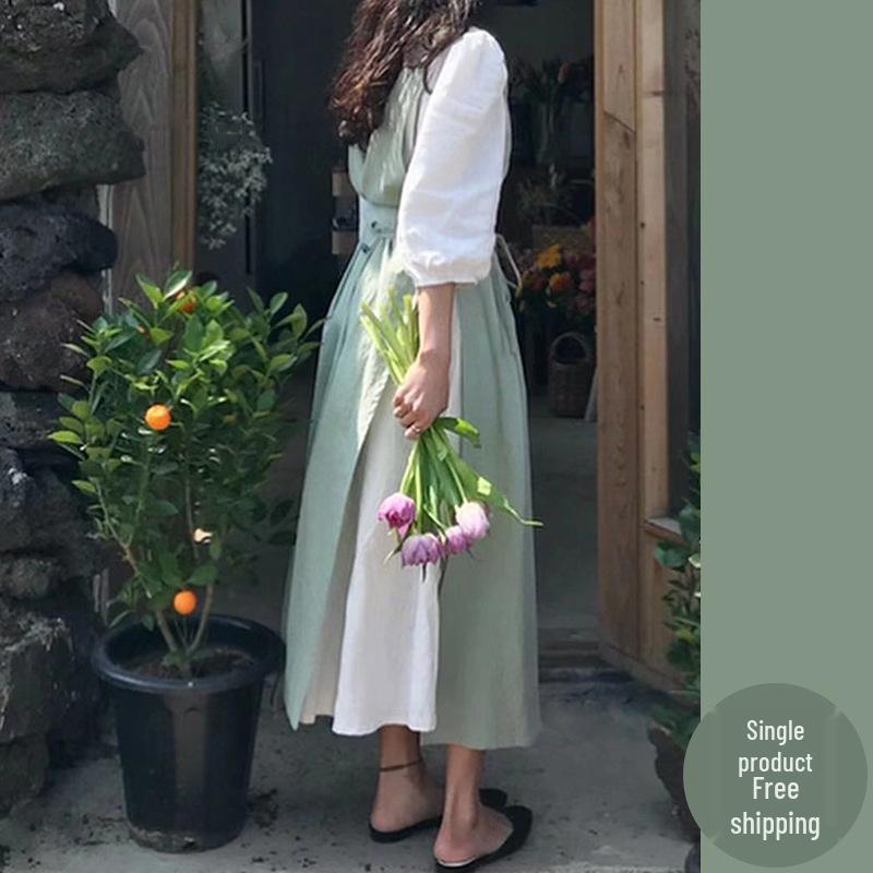 Ретро Арт Хлопок и Лен Фартук в Стиле Мори с Принтованным Логотипом