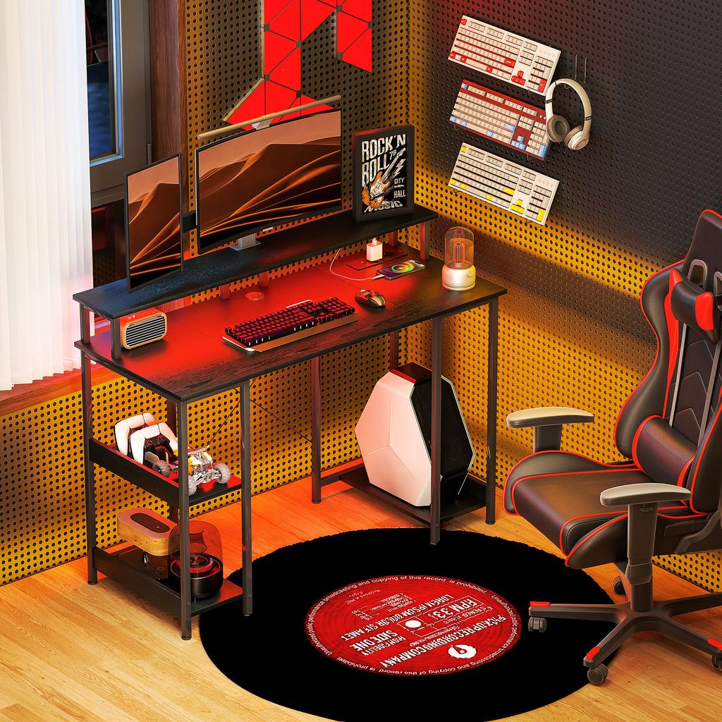 Reversible PC Desk with Power Outlets, Lights, Monitor Stand and Shelf, 120x50cm, Black