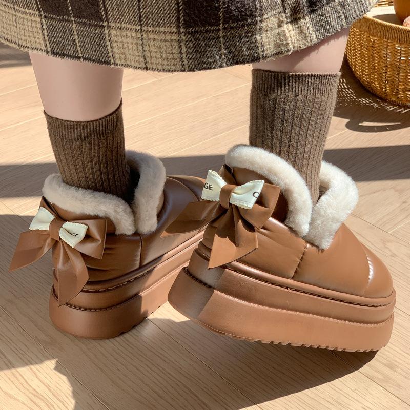 Хлопковые тапочки с бантом, осенне-зимняя обувь, домашние тапочки для помещений на толстой подошве, нескользящие, бархатные, с термо-мешком и хлопковой подкладкой