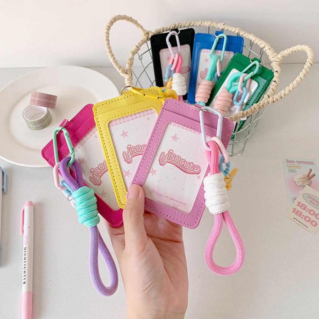 Cute PU Leather Card Sleeve Ins Candy Color Woven Rope Keychain Photo Card Holder Star Pendent Bus Card Storage Bag