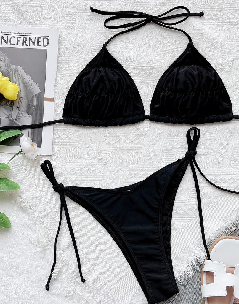 Женский купальник, сплошной цвет, сексуальный комплект бикини с треугольной лямкой и завязкой на спине, 5 цветов