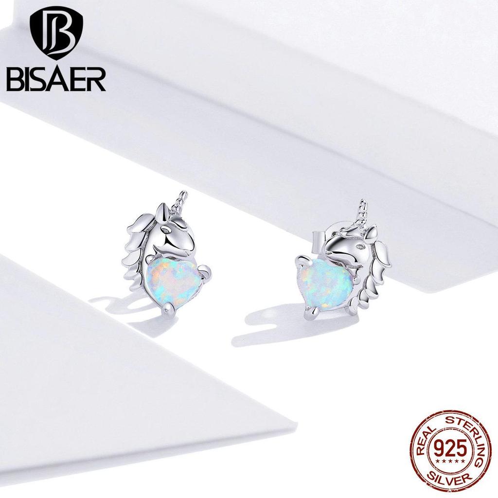 Bisaer Маленькие серьги-гвоздики из стерлингового серебра 925 пробы с опалом, красочные милые пони, свадебные украшения