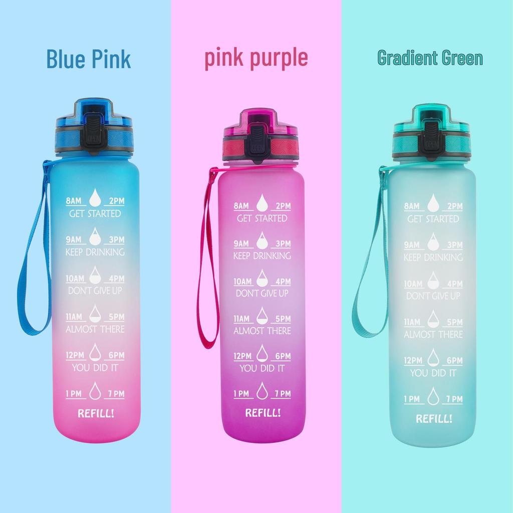 Tritan Frosted 1000ml Plastic Water Bottle with Time & Capacity Scale, Portable Handle