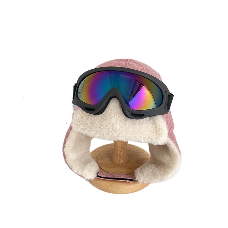Cute Ski Cap with Glasses Goggles Plush Pilot Hat Cartoon Kids Bear Ears Hat Winter