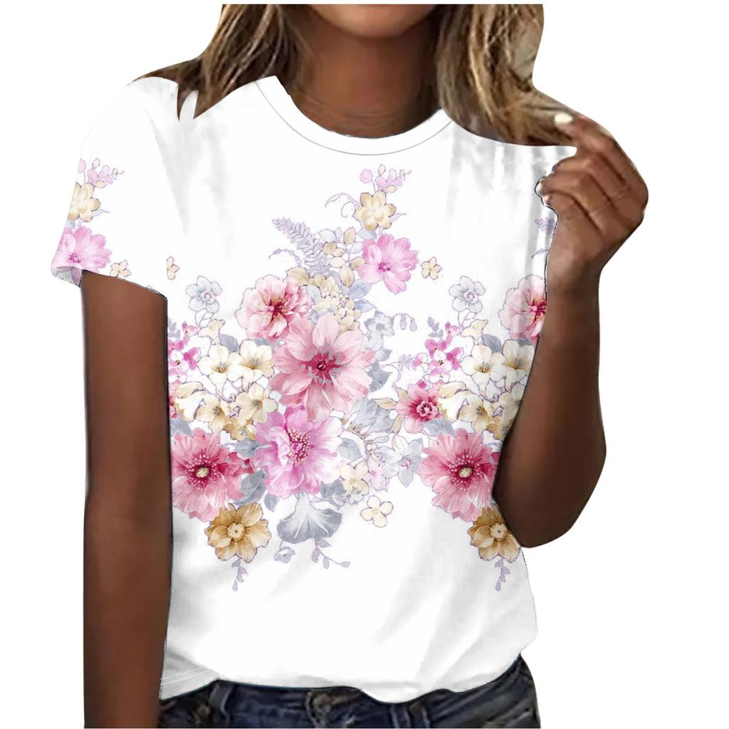 Summer Round Neck Beautiful Floral Print Top Fashionable Casual Short Sleeved Women's T-shirts