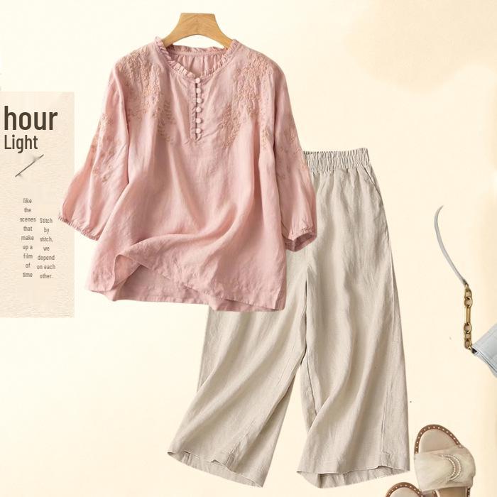 Винтажный комплект из хлопка и льна с вышивкой в стиле Юго-Восточной Азии: Рубашка с рукавом семь восьмых и брюки широкого кроя