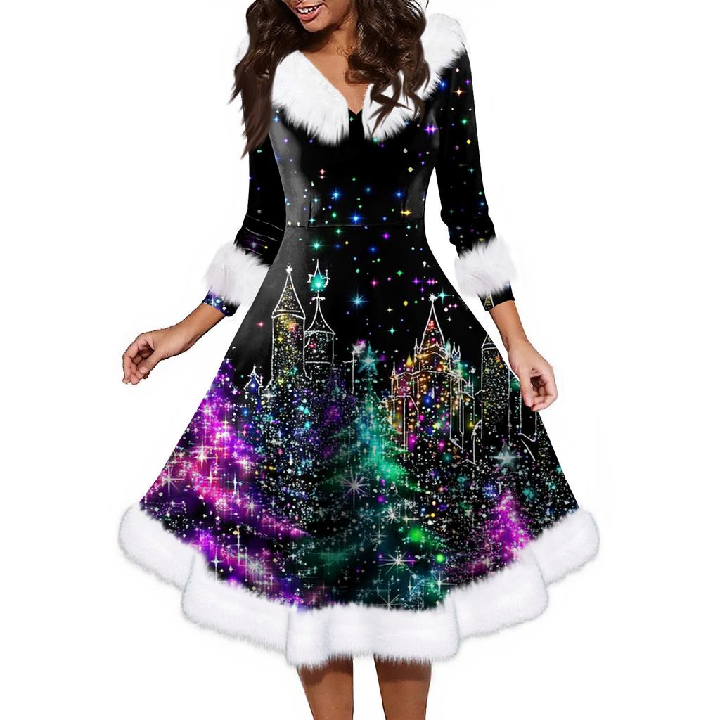 Женское модное повседневное платье с v-образным вырезом и рождественским принтом для вечеринки с длинными рукавами