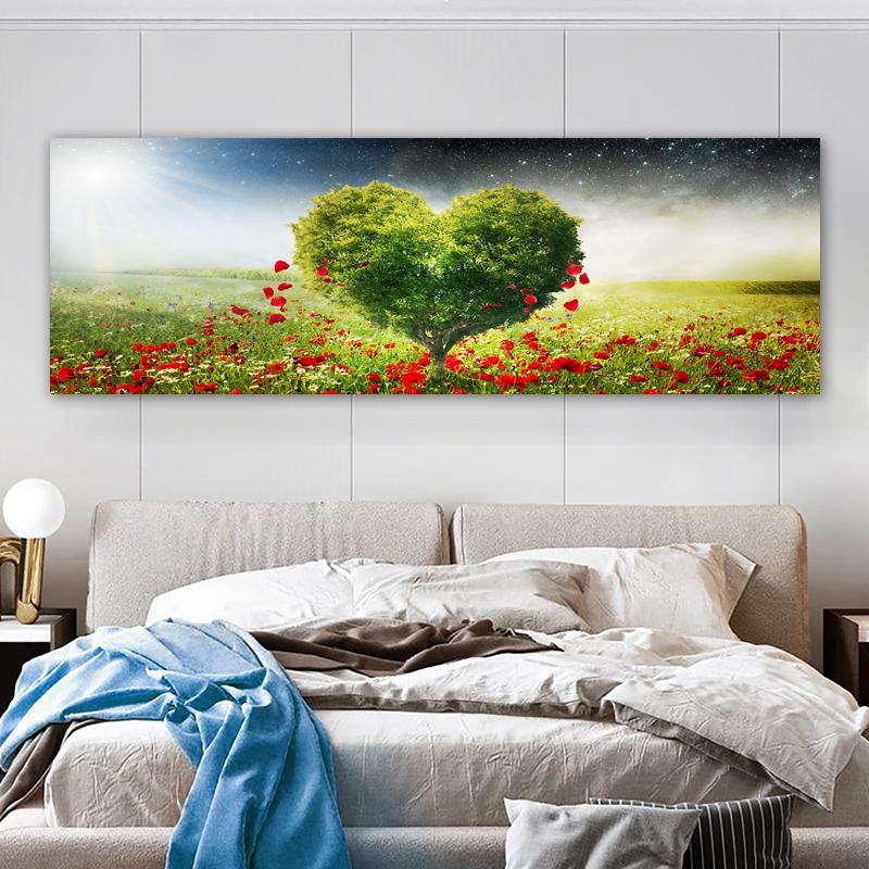 Современная панорамная картина на холсте с изображением цветочного поля на закате в ярких зеленых и красных тонах