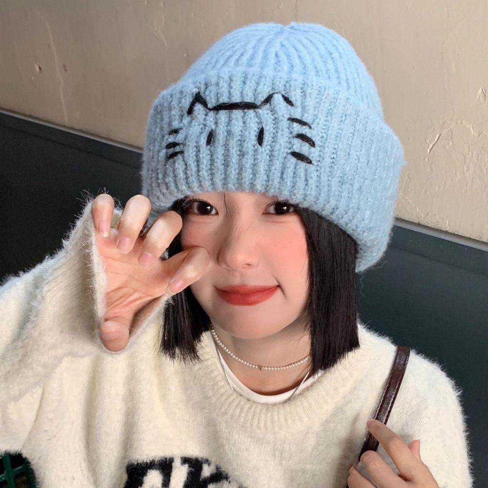 Embroidered Kitten Knit Beanies Warm Printing Knit Cap Casual Cute Cat Knitted Hat Outdoor