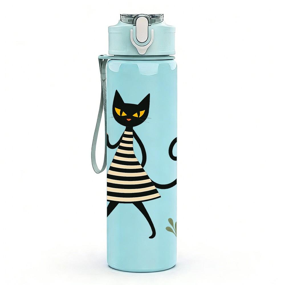 1PC Striped Black Cat Walking Figure 750ml Color Plastic Sports Water Bottle Leakproof Flip Straw Lid For Sports Office Home Use