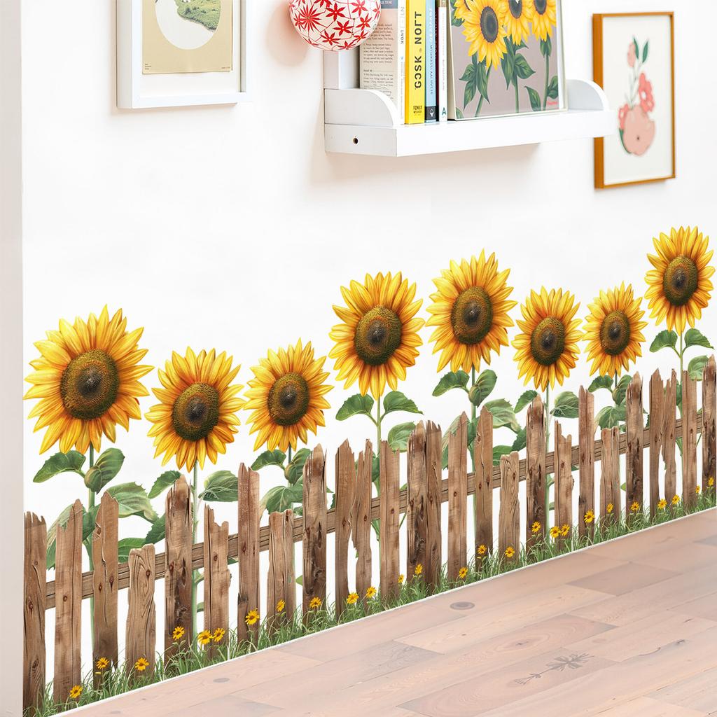 Наклейки в деревенском стиле - Наклейки на стену 'Подсолнух и забор' - Свежие элементы - Самоклеящиеся - Без следов
