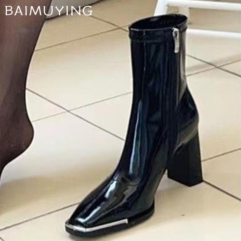 Женские ботильоны с квадратным носком, высокие каблуки, массивные кожаные туфли, женская тенденция 2025 года, зимняя новая мода, сексуальные повседневные ботинки челси Mujer