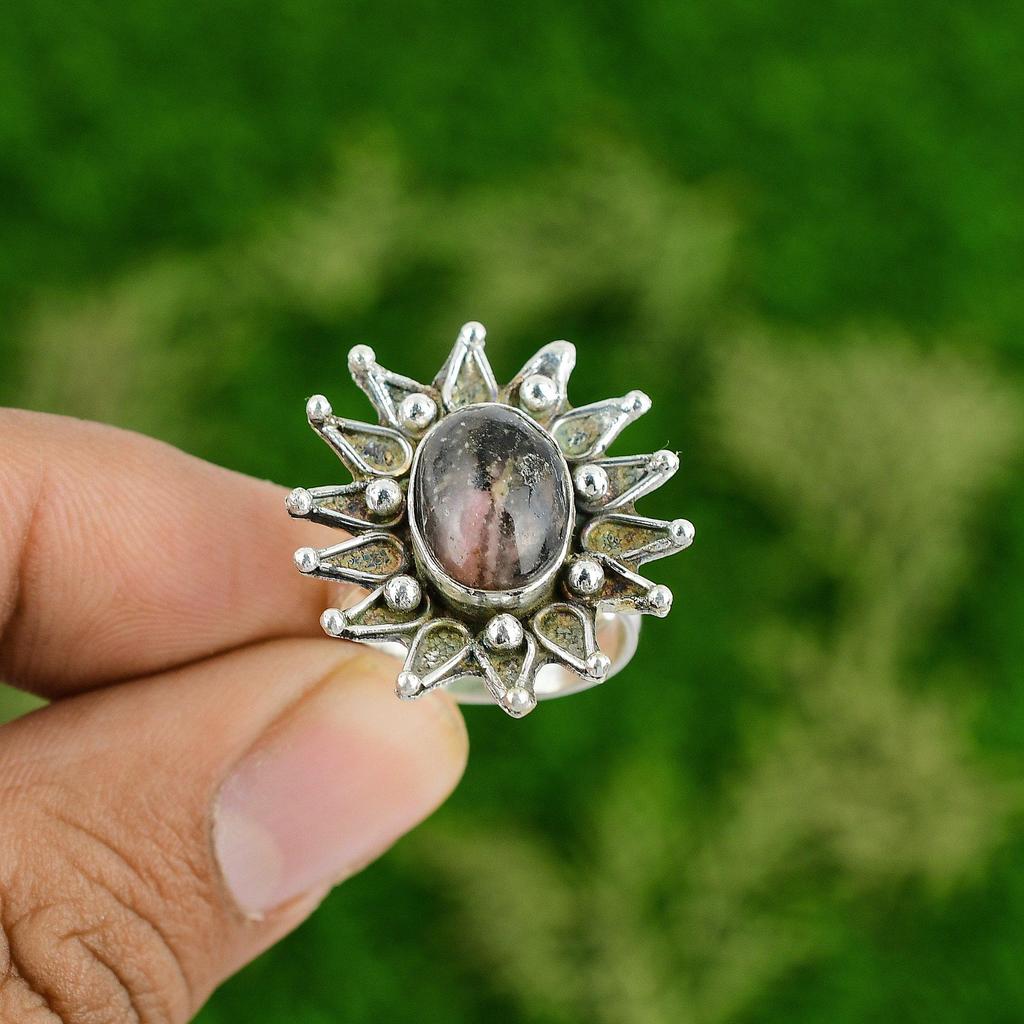 Sterling Silver Rhodonite Stone Engagement Boho Promise Flower Handcrafted Ring
