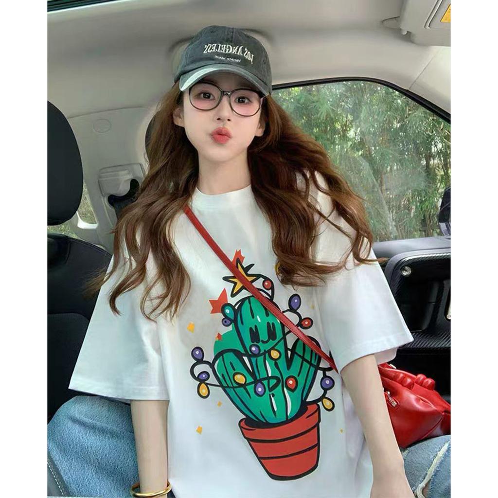 Loose casual daily versatile cartoon cactus print short sleeved T-shirt