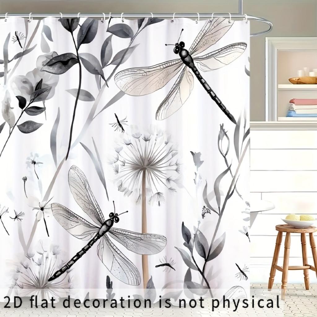 2D Flat, 2D Flat Shower Curtain, 1pc, Dragonfly and Dandelion Pattern, Designed in a Gray, Black, and White Watercolor Style. Ma